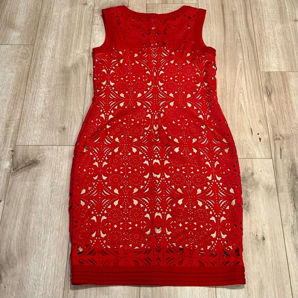 Tadashi Shoji Red Laser Cut Suede Sheath Knee Length Dress Size medium - Picture 3 of 16